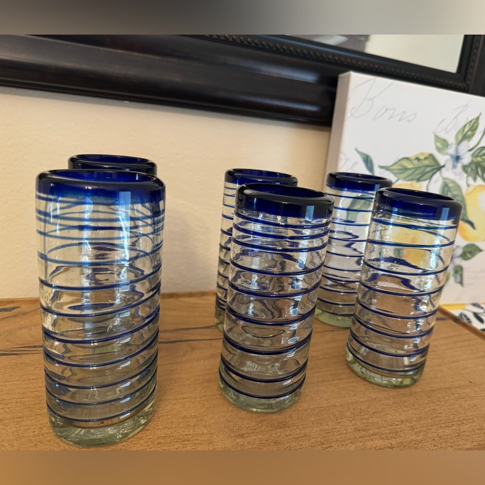 Set of 6 drinking glasses; Mexican hand blown.